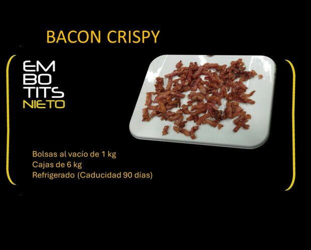 Bacon Crispy. Bolsas al vacío de 1kg. Cajas de 6kg. Refrigerado caducidad de 90 días